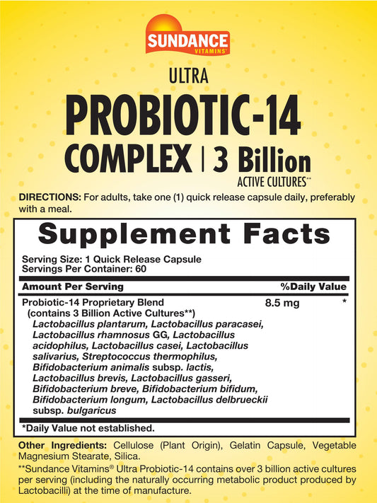 Close-up of Sundance Probiotic-14 Complex capsules