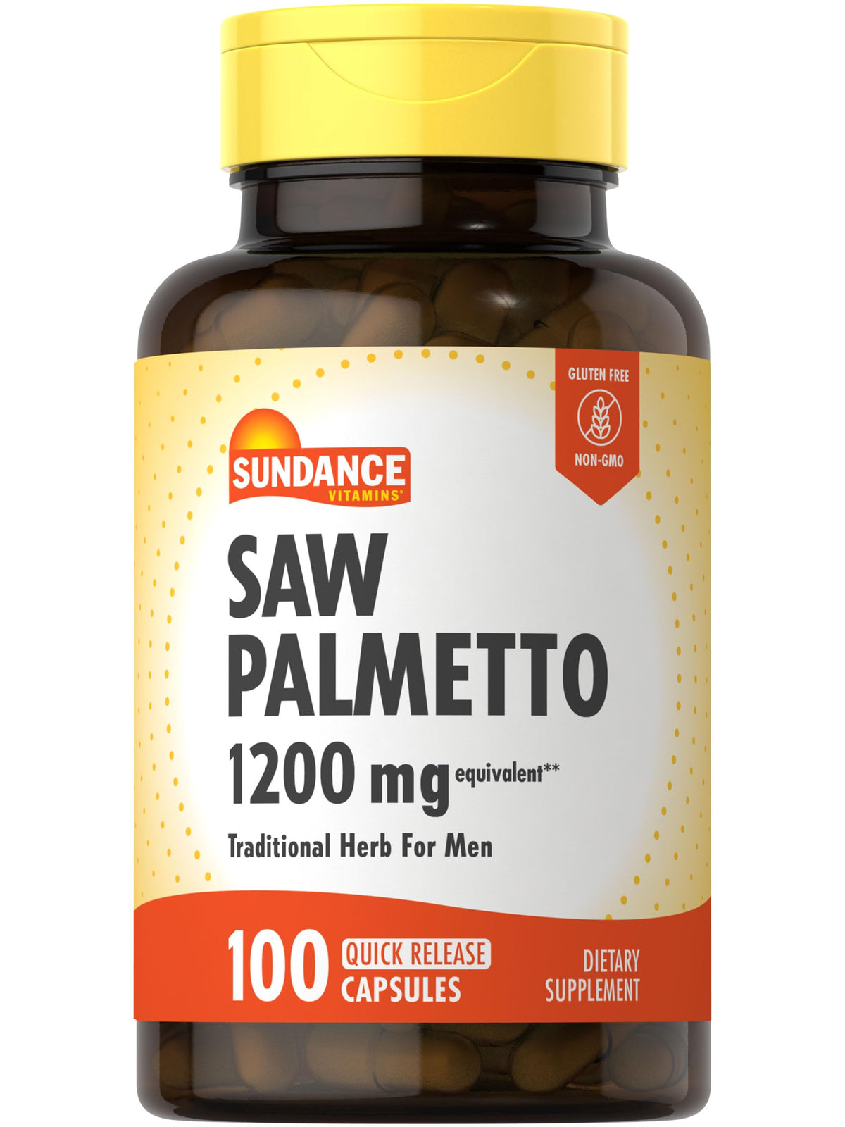 Bottle of Sundance Saw Palmetto 1200mg for Men with 100 quick-release capsules