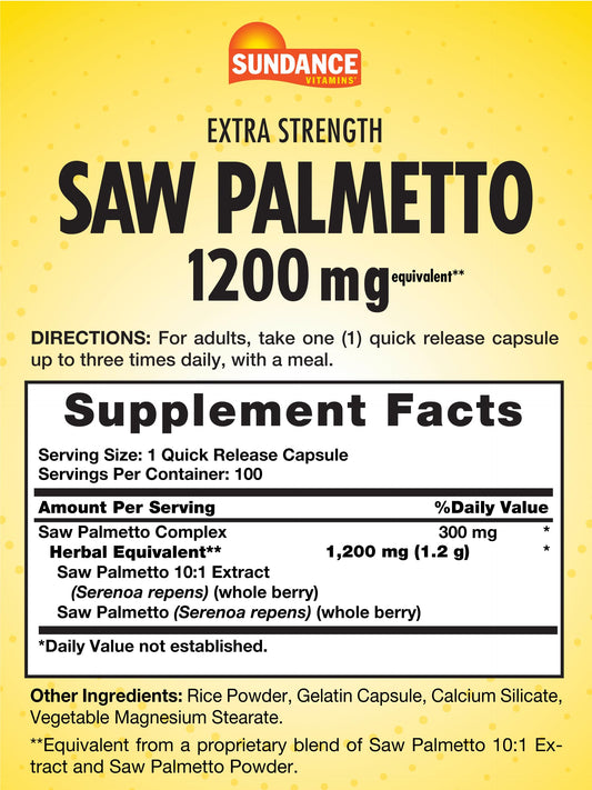 Close-up view of Sundance Saw Palmetto 1200mg quick-release capsules