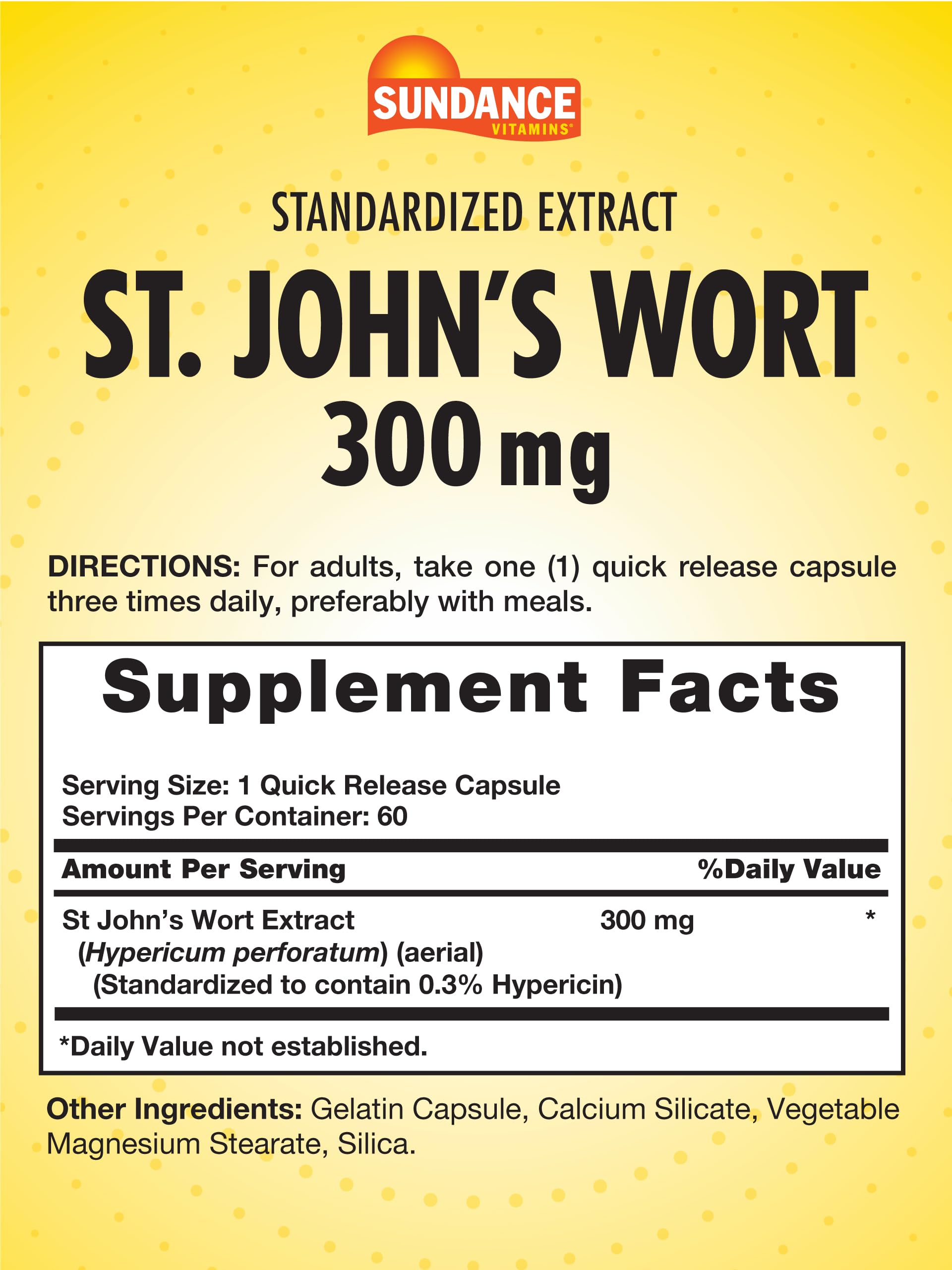Close-up of Sundance St. John's Wort capsules label showing 300 mg
