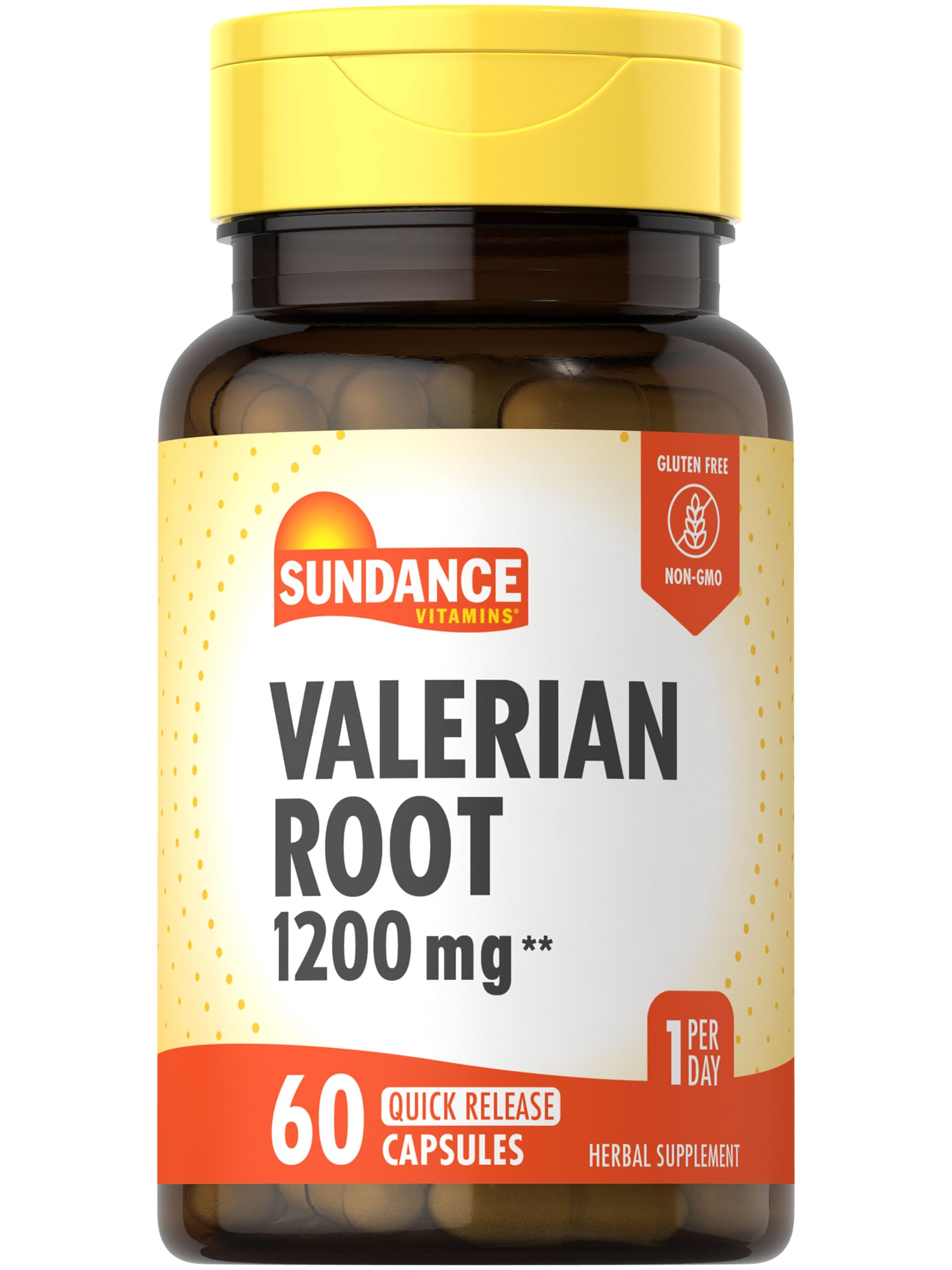 Bottle of Sundance Valerian Root Supplement with 60 quick-release capsules