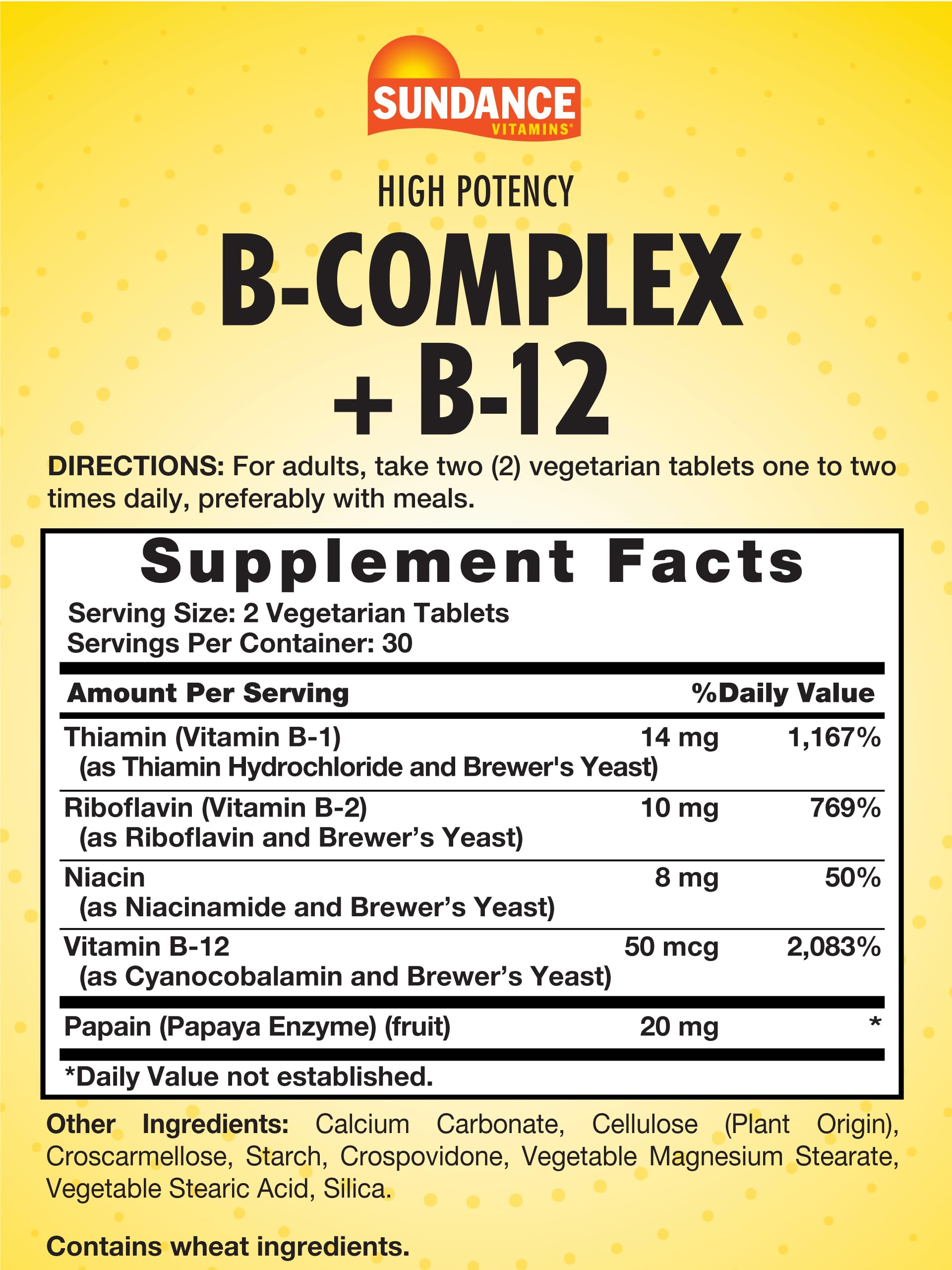 Close-up of high potency B vitamin information on bottle