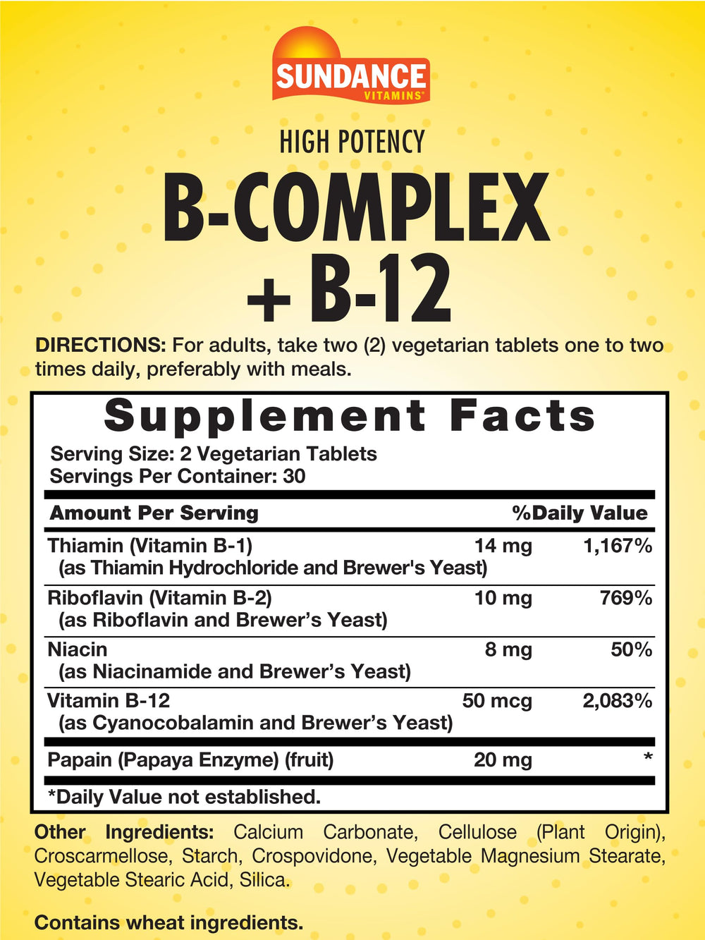 Close-up of high potency B vitamin information on bottle