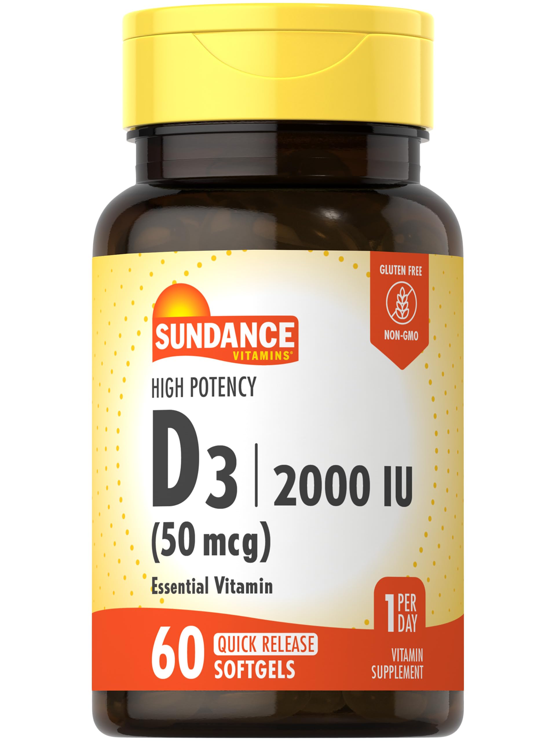 Front view of Sundance Vitamin D3 2000 IU bottle with 60 quick-release softgels