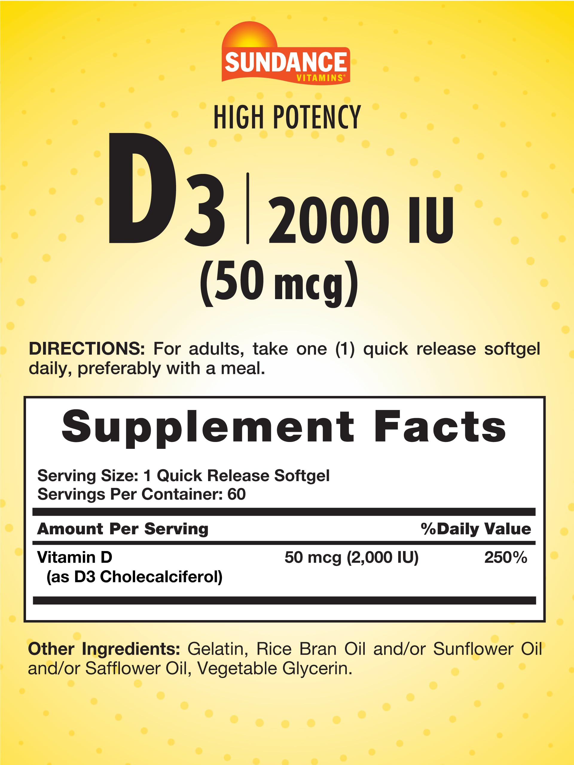 Bottle label displaying 60 softgels and 2000 IU Vitamin D3