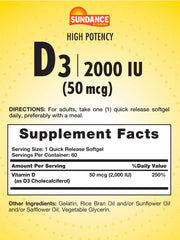 Bottle label displaying 60 softgels and 2000 IU Vitamin D3