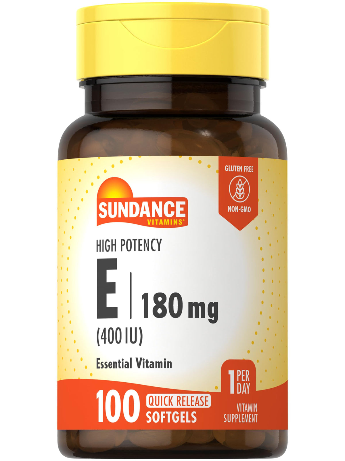 Front view of Sundance Vitamin E 180mg softgel bottle