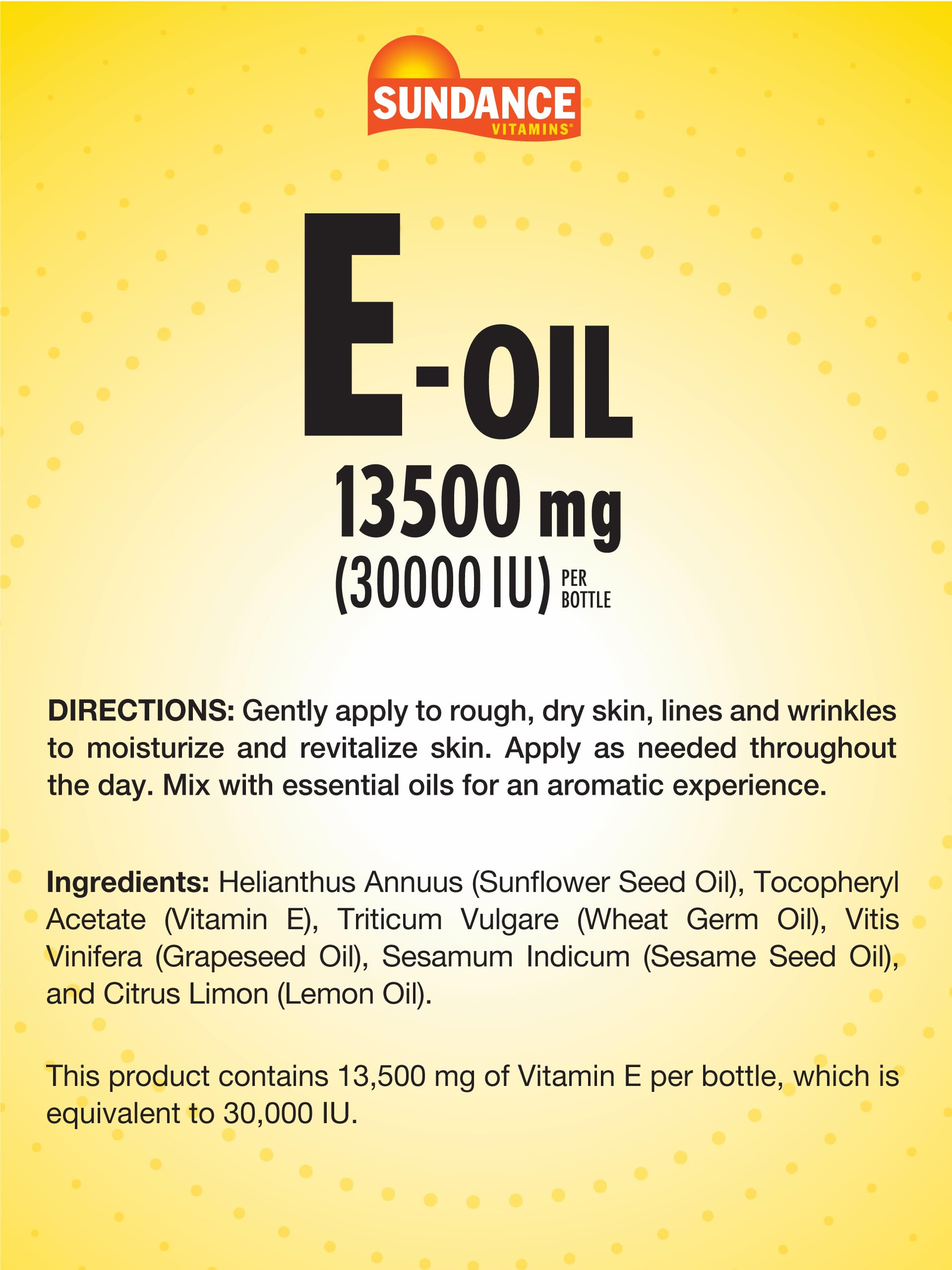 Vitamin E oil bottle label showing 13,500 mg (30,000 IU) per bottle