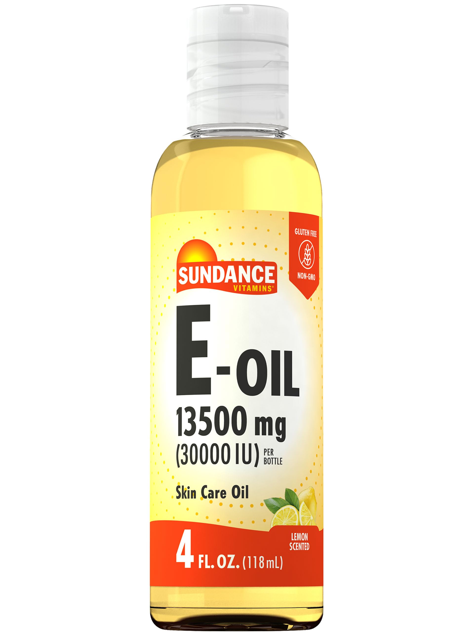Sundance Vitamin E Oil for Skin in lemon-scented 4 oz bottle