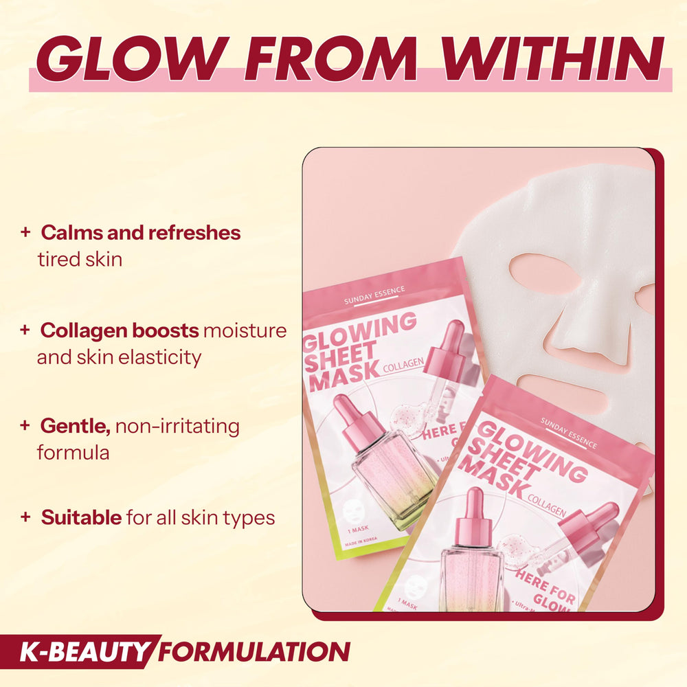 Sunday Essence Collagen Mask sheet on face demonstrates instant hydration potential.