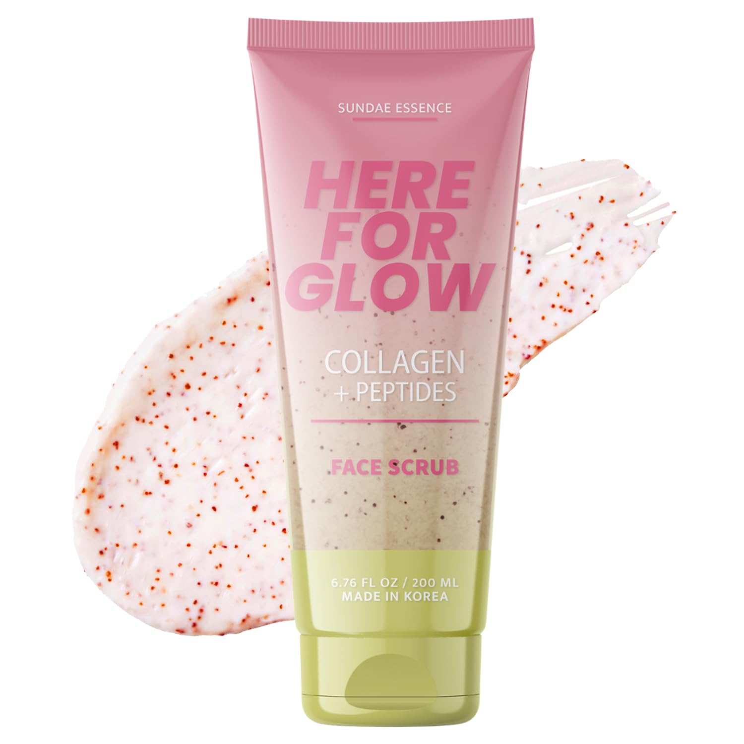 Sunday Essence face scrub bottle highlights collagen peptides for hydration and smoother skin.
