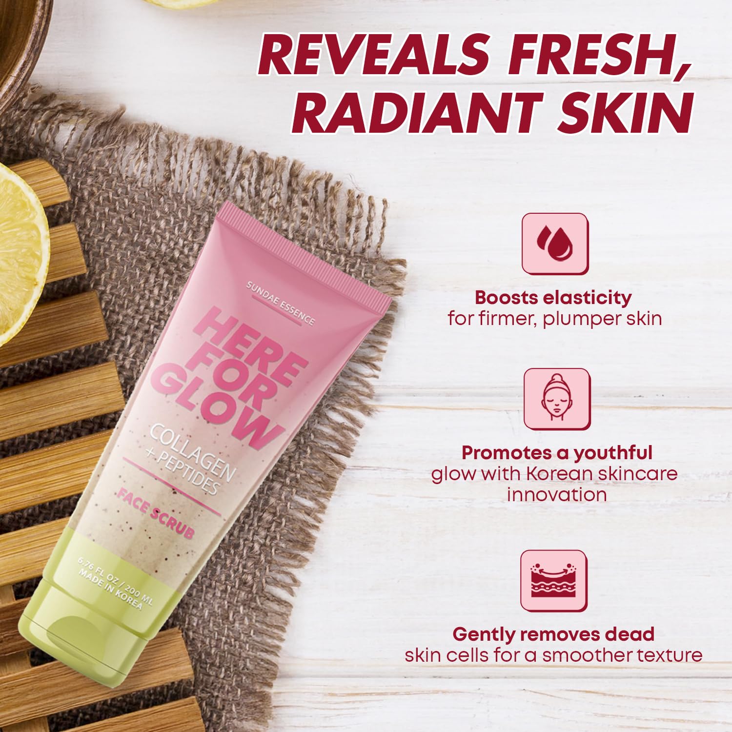 Sunday Essence face scrub cream texture closeup shows gentle exfoliation.