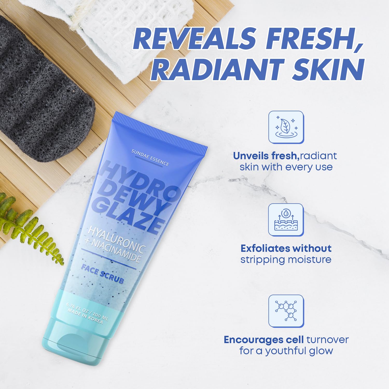 Close-up of exfoliating beads from Sunday Essence Face Scrub for refreshed skin texture.