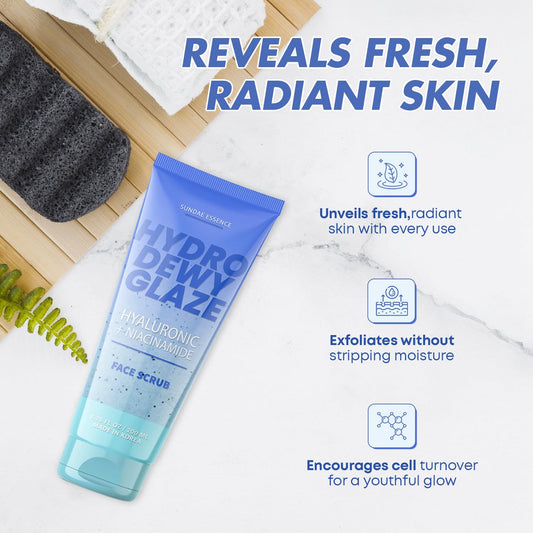 Close-up of exfoliating beads from Sunday Essence Face Scrub for refreshed skin texture.