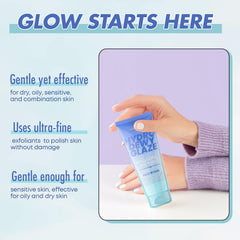 Hand applying Sunday Essence Face Scrub in a gentle circular motion.