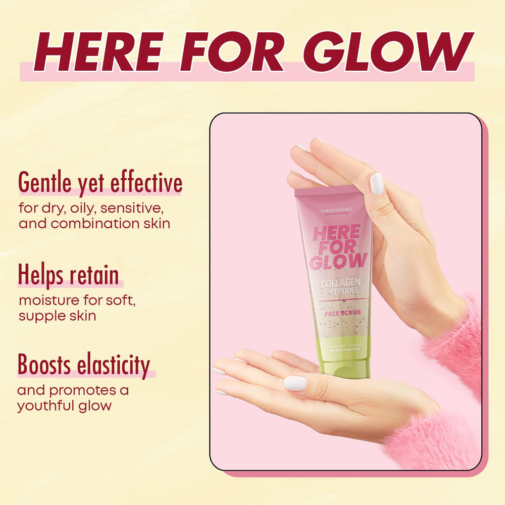 Sunday Essence face scrub massage motion demonstrates circular exfoliation.