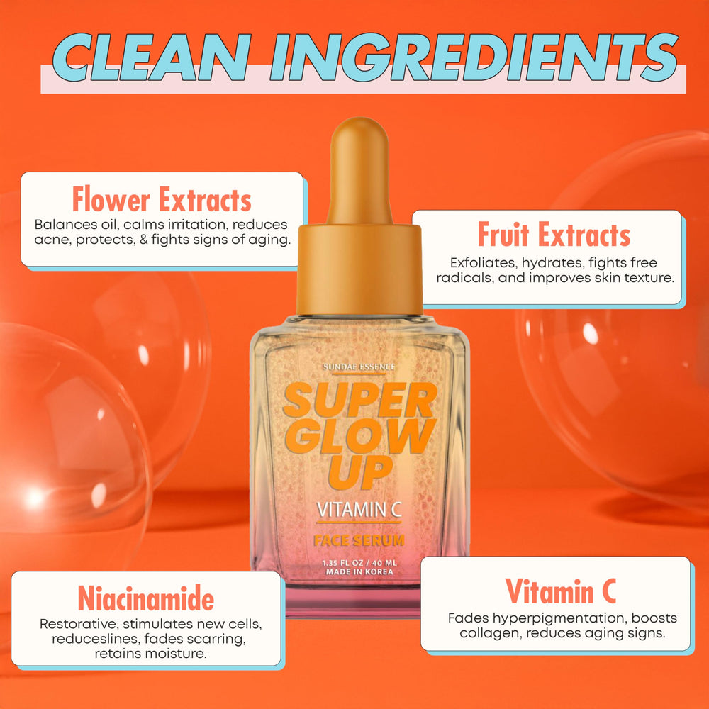 Close-up of Sunday Essence serum ingredients highlighting natural, clean beauty.
