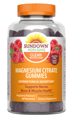 Front view of Sundown Magnesium Citrate Gummies Raspberry flavor bottle, 60 count