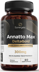 Sunergetic Annatto Tocotrienols bottle pour showing easy-to-swallow capsules for daily wellness