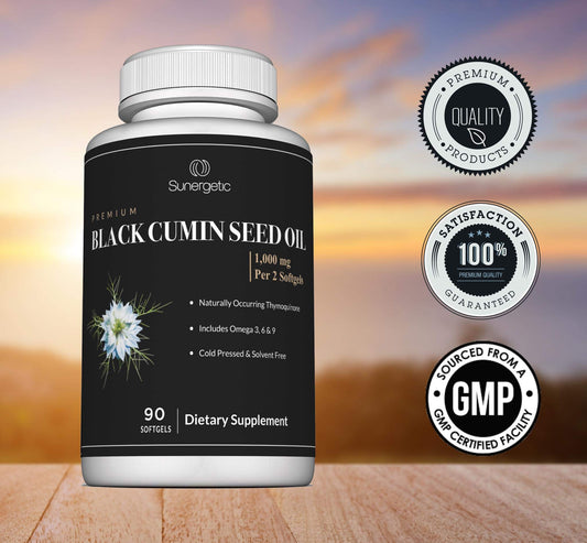 Close-up of Sunergetic Black Cumin Seed Oil Softgels – 1000mg each