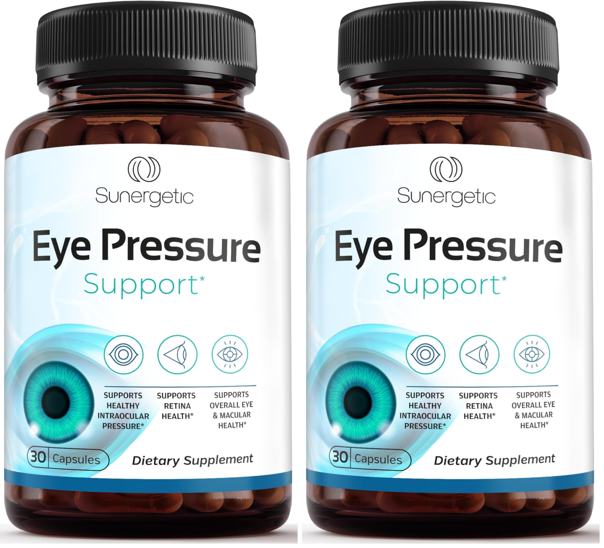 Sunergetic eye pressure bottle label highlights premium ocular formula for wellness