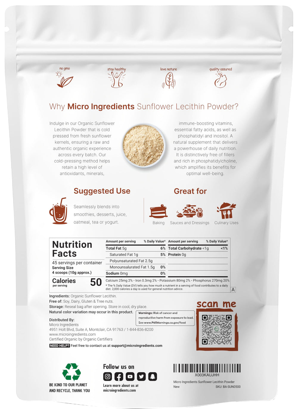 Cold-pressed organic sunflower lecithin powder with scoop