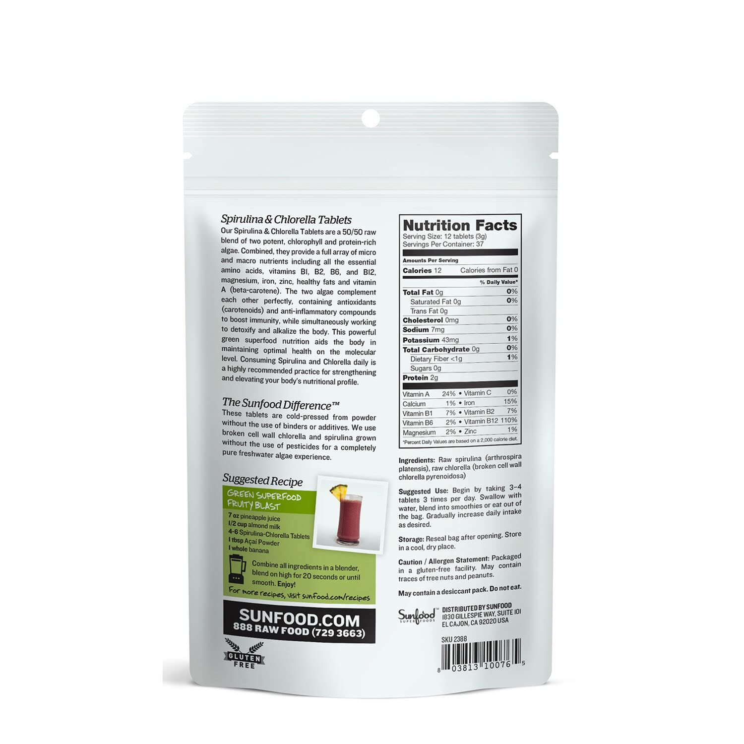 Close-up of Sunfood chlorella spirulina tablets