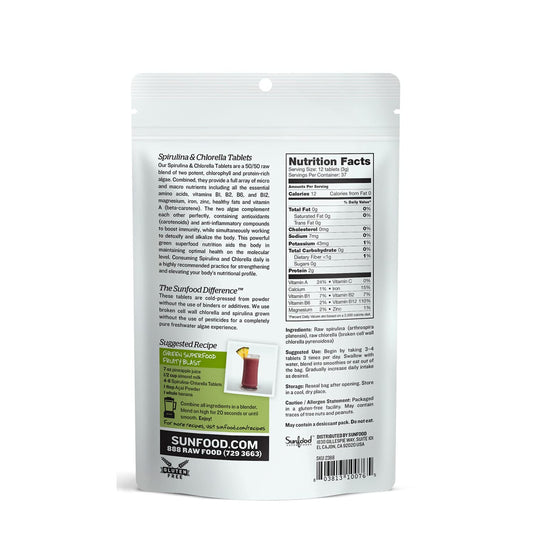 Close-up of Sunfood chlorella spirulina tablets