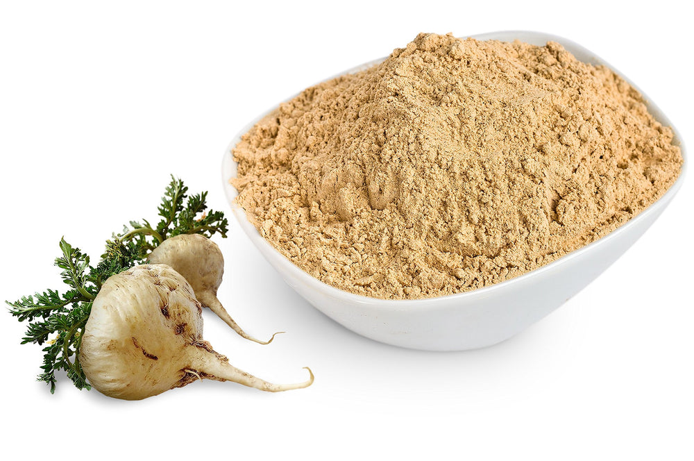 Scoop of Sunfood Maca Powder beside bag