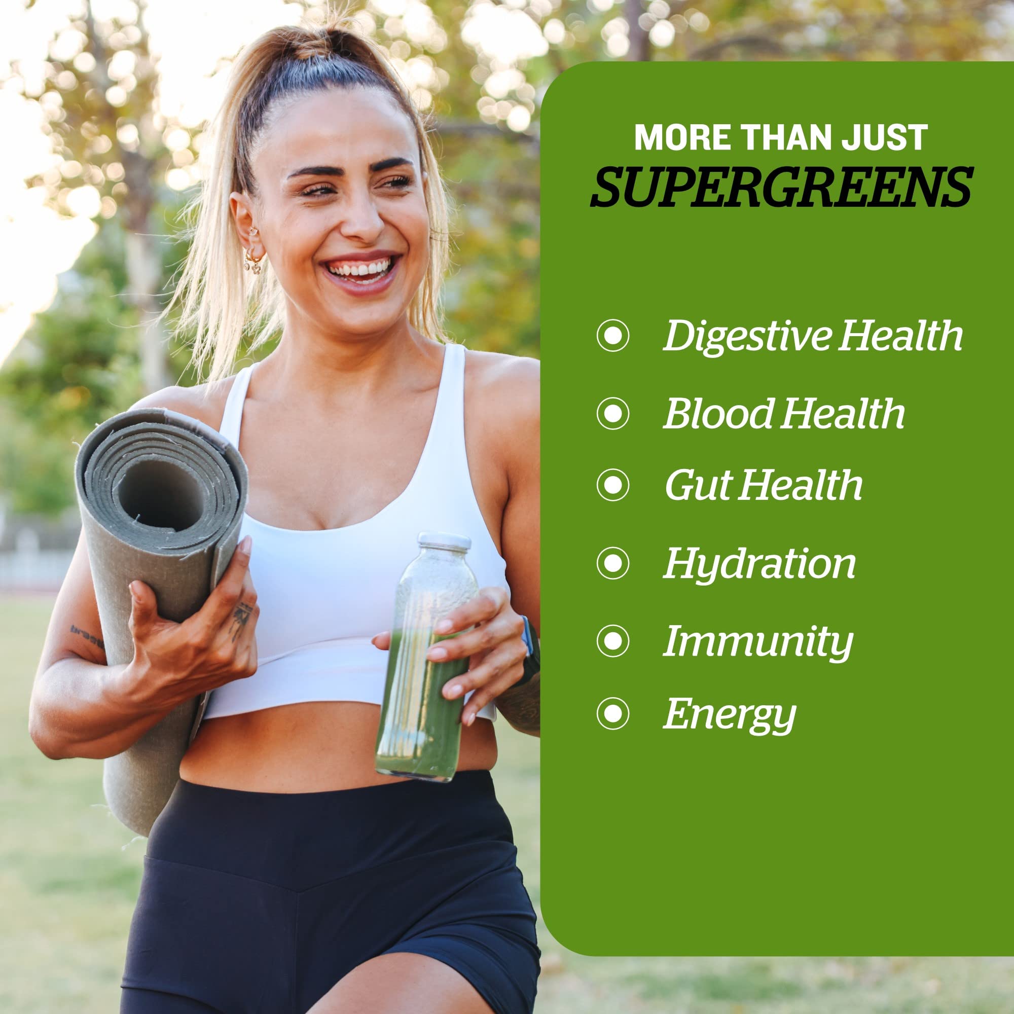 Close-up of greens ingredients including spirulina and chlorella