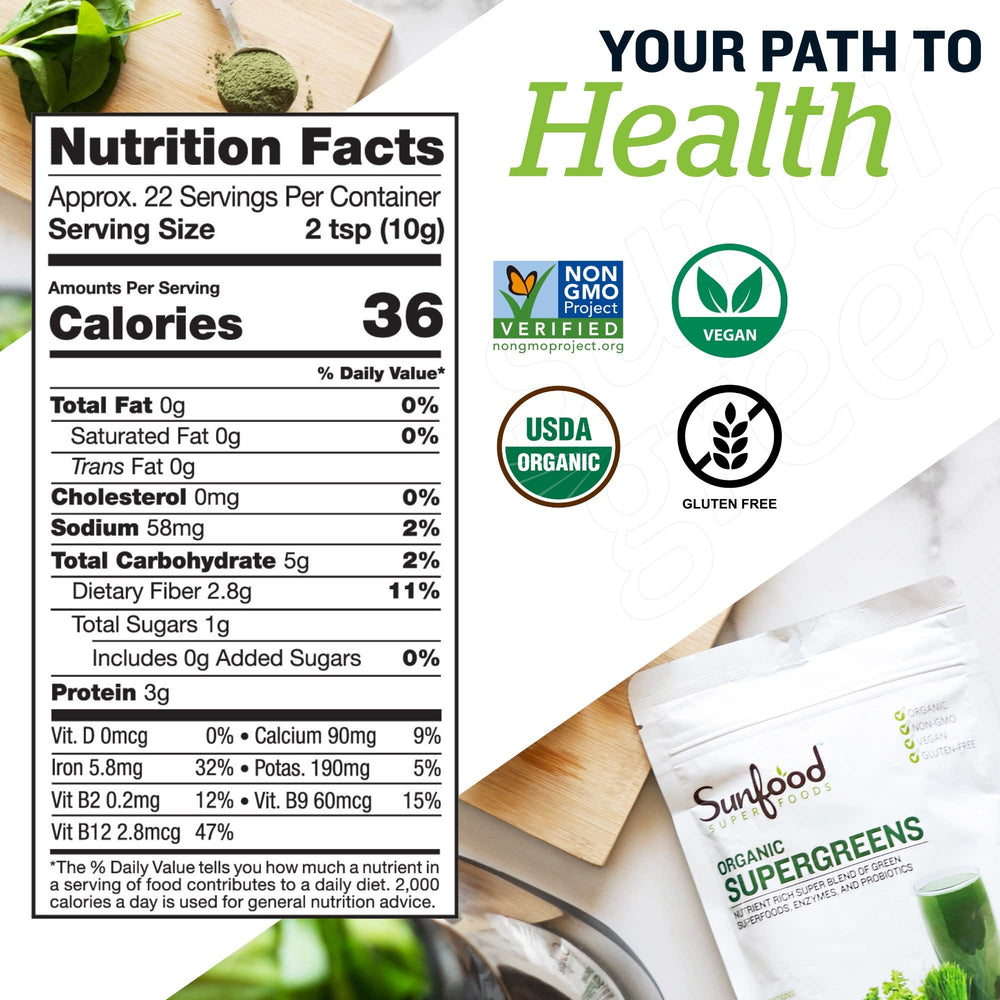 Packaging of Sunfood Supergreens 8 oz bag with label