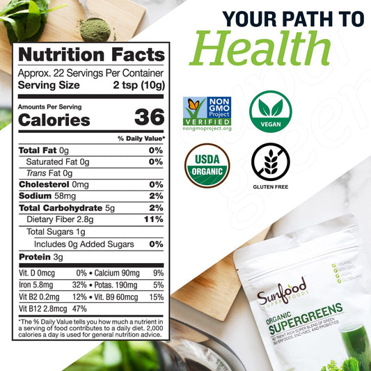 Packaging of Sunfood Supergreens 8 oz bag with label