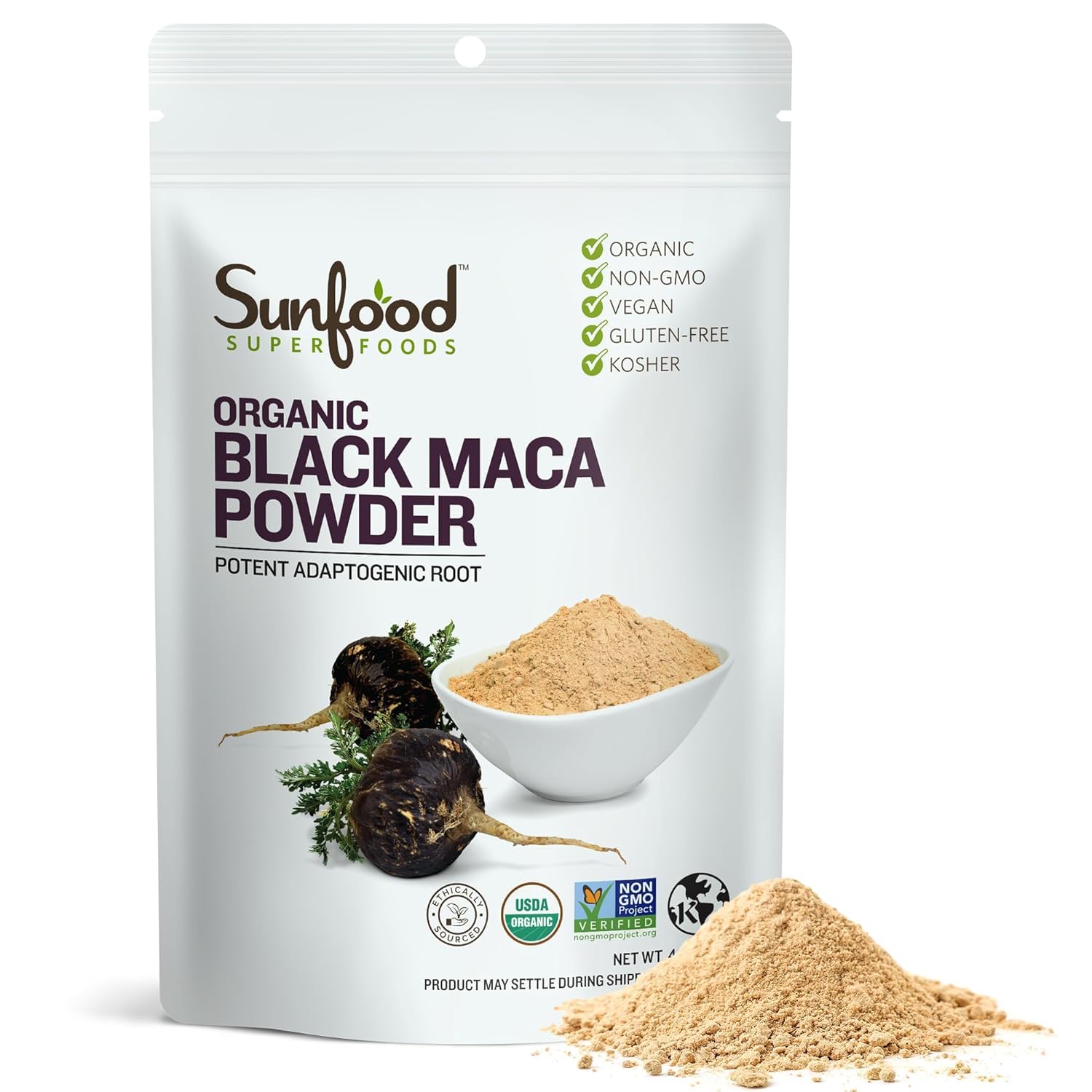 Sunfoods Organic Black Maca Powder 4 oz bag - front view