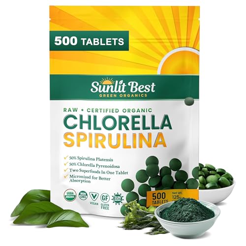 Front view of Sunlit Best Chlorella Spirulina tablets in organic USDA 500-pill bottle
