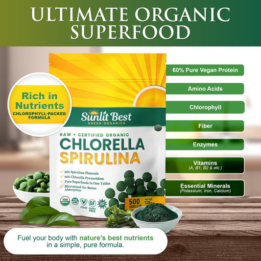 Close-up layout of Sunlit Best Organic Burst tablets showing 500-count pack