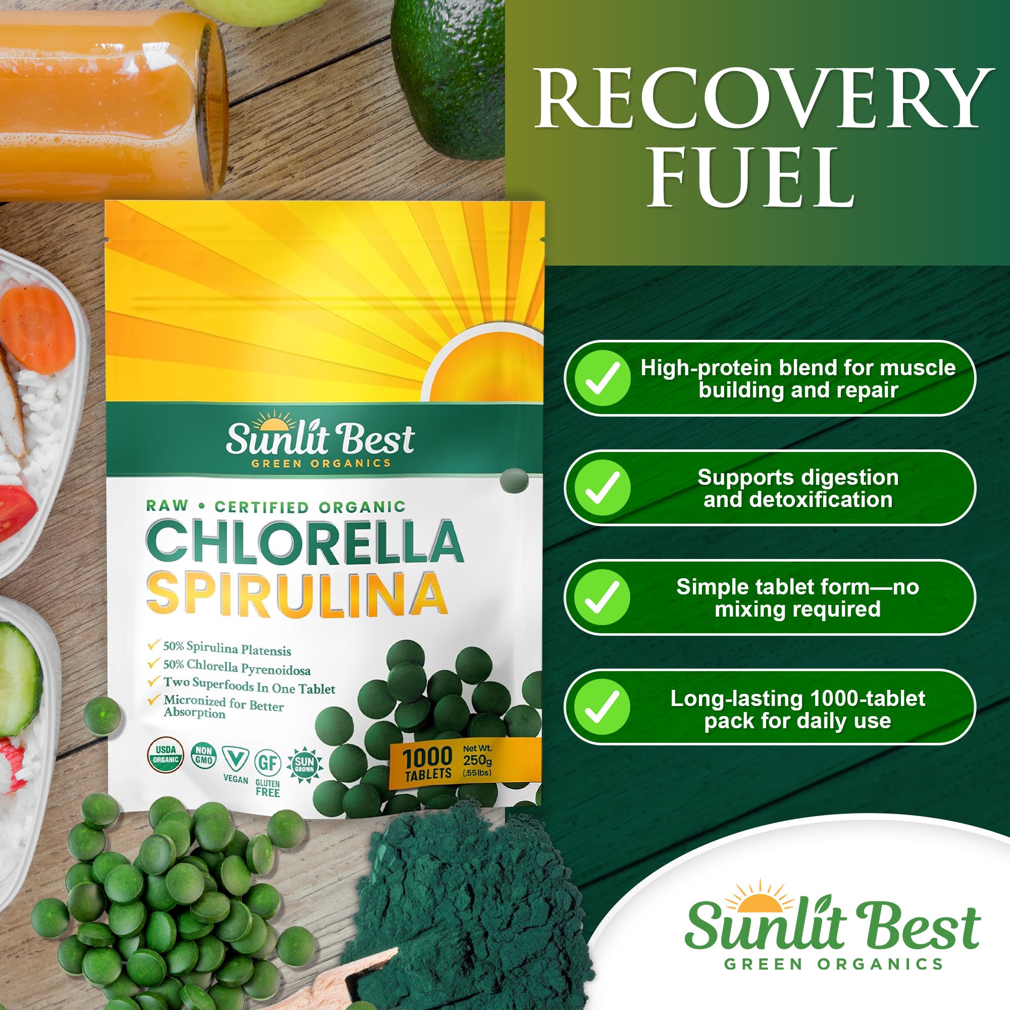 Chlorella and spirulina tablets on white background