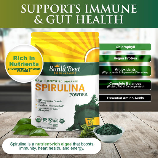 Close-up of Sunlit Spirulina powder bottle