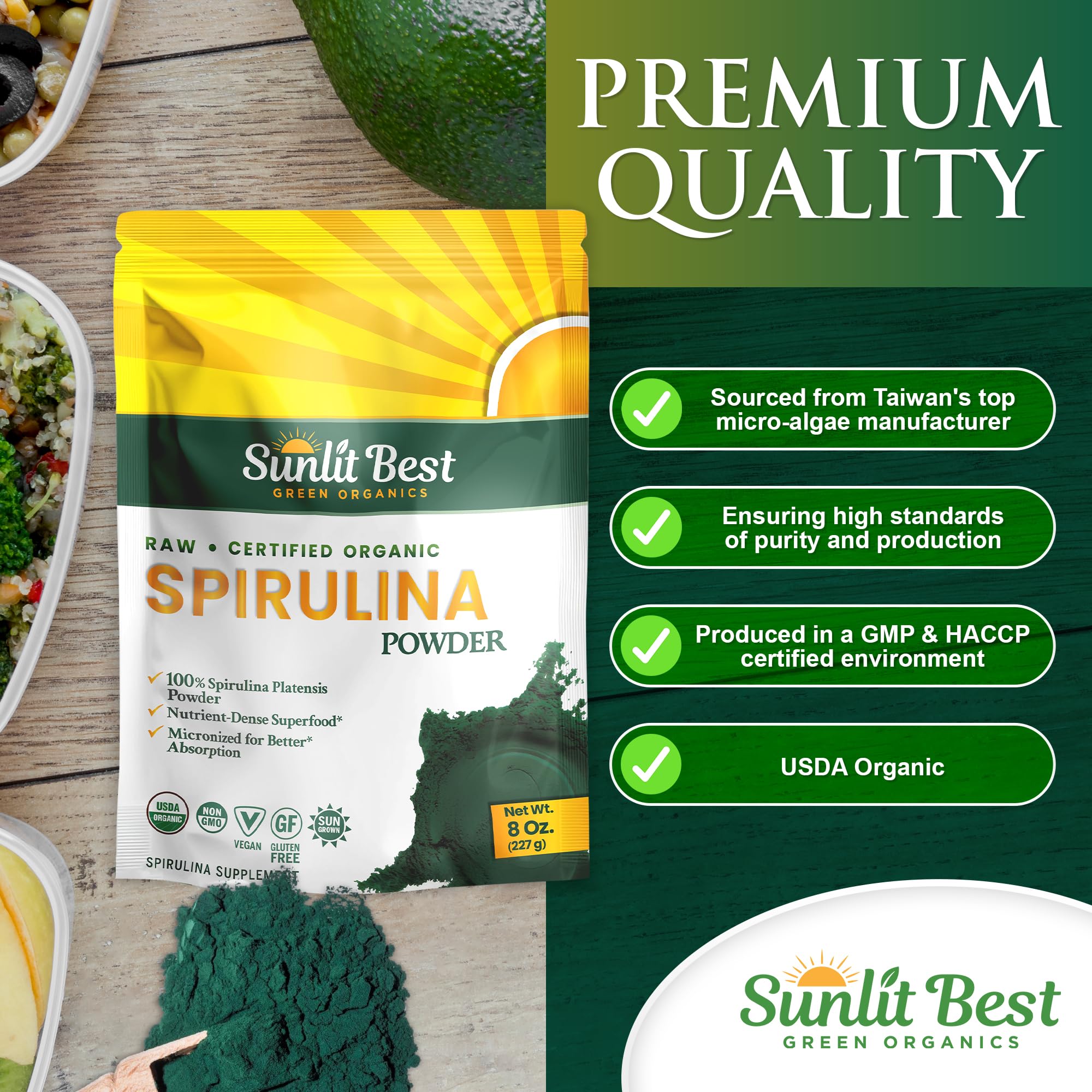 Raw blue-green spirulina powder close-up