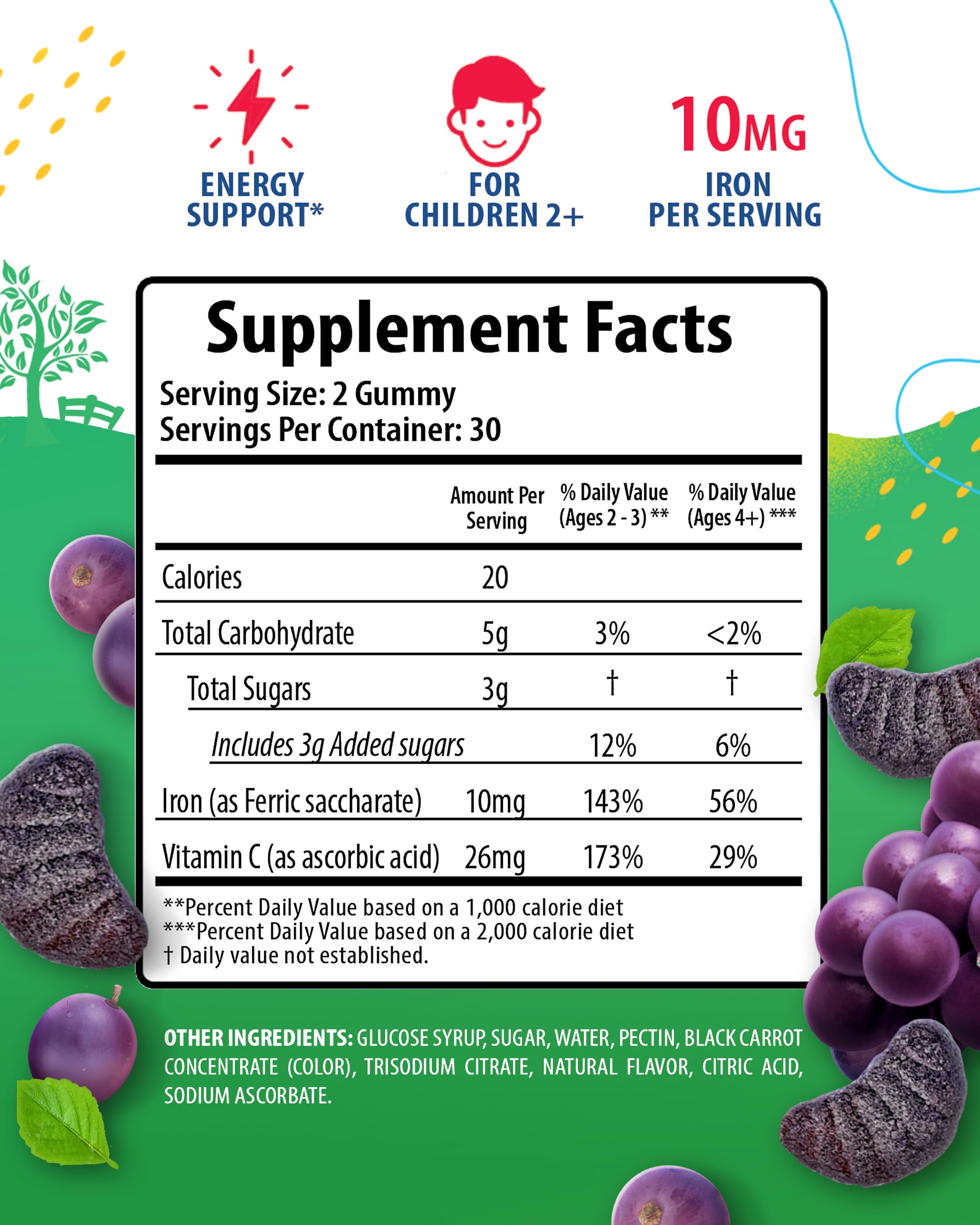 Close-up of Sunny Sam Iron Gummies showing grape flavor shapes