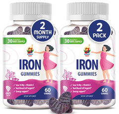 Sunny Sam Iron Gummies bottle with label showing 10 mg iron per serving