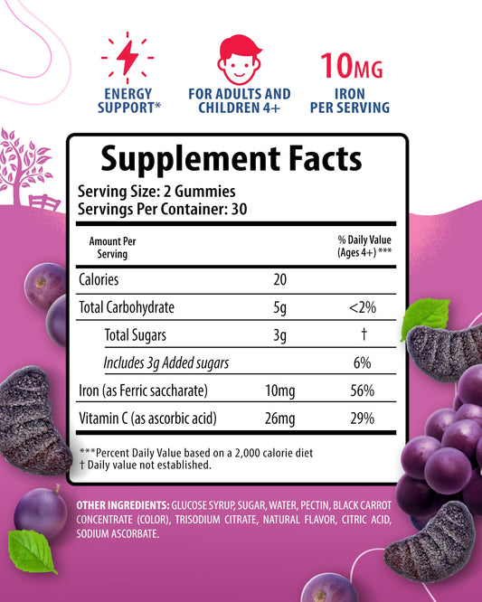 Close-up of grape-flavored chewable iron gummies for kids