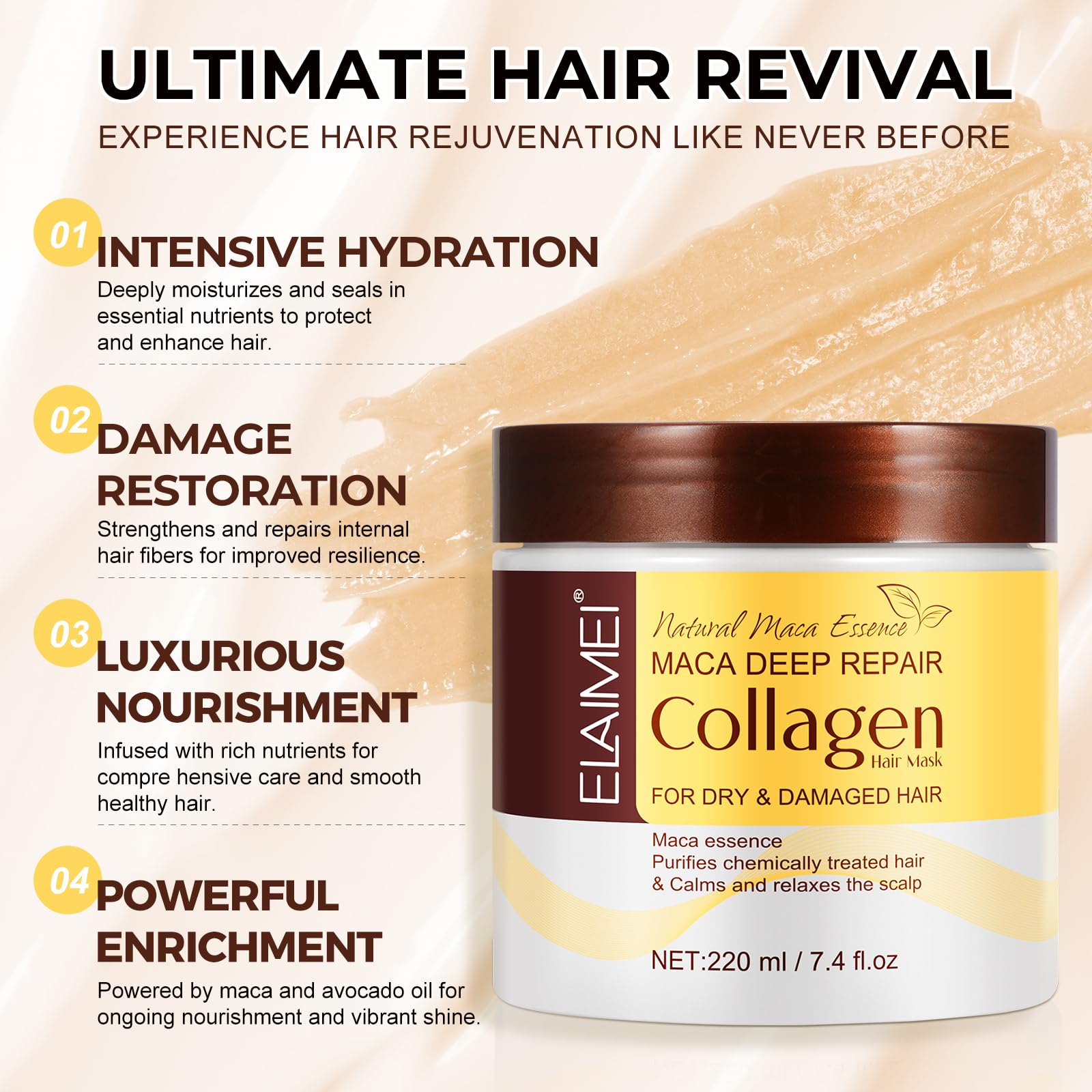 SUNOL Collagen Hair Mask bottle application shows even distribution for conditioning.