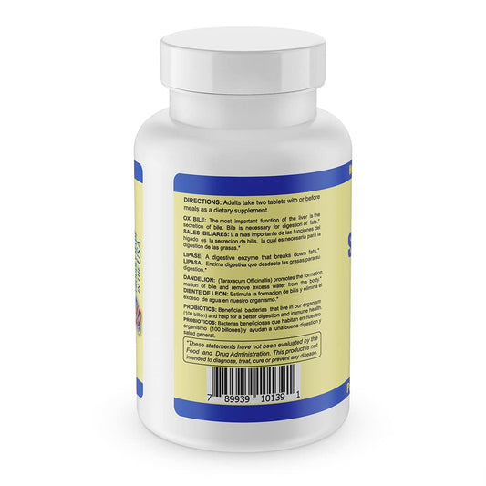 Close-up of probiotic capsules and label detailing probiotics, ox bile, dandelion and enzymes