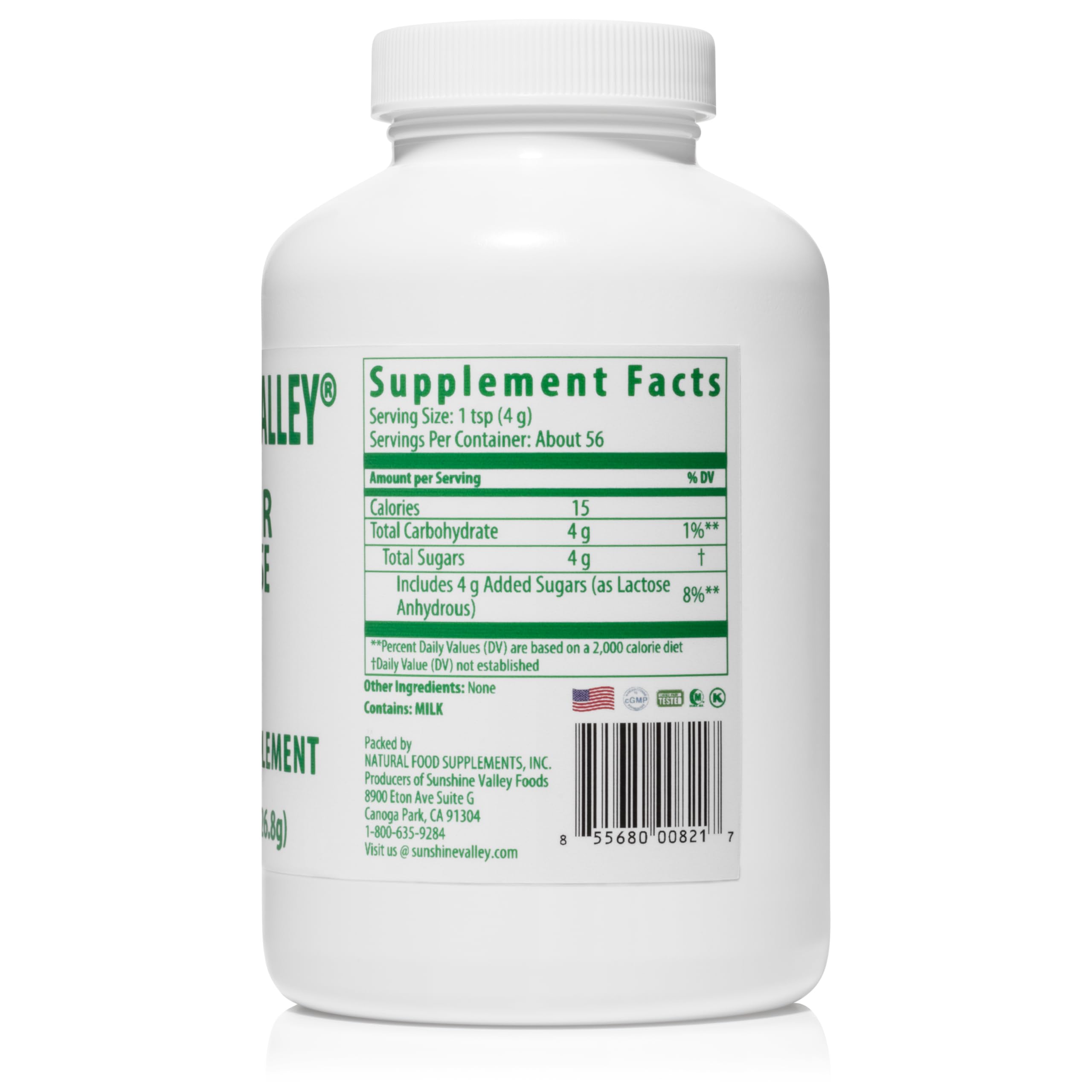 8 oz container of Sunshine Valley lactose powder ready for use