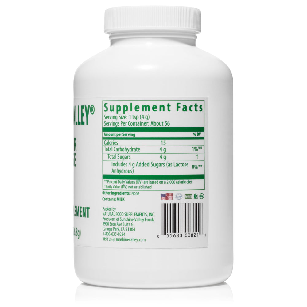 8 oz container of Sunshine Valley lactose powder ready for use