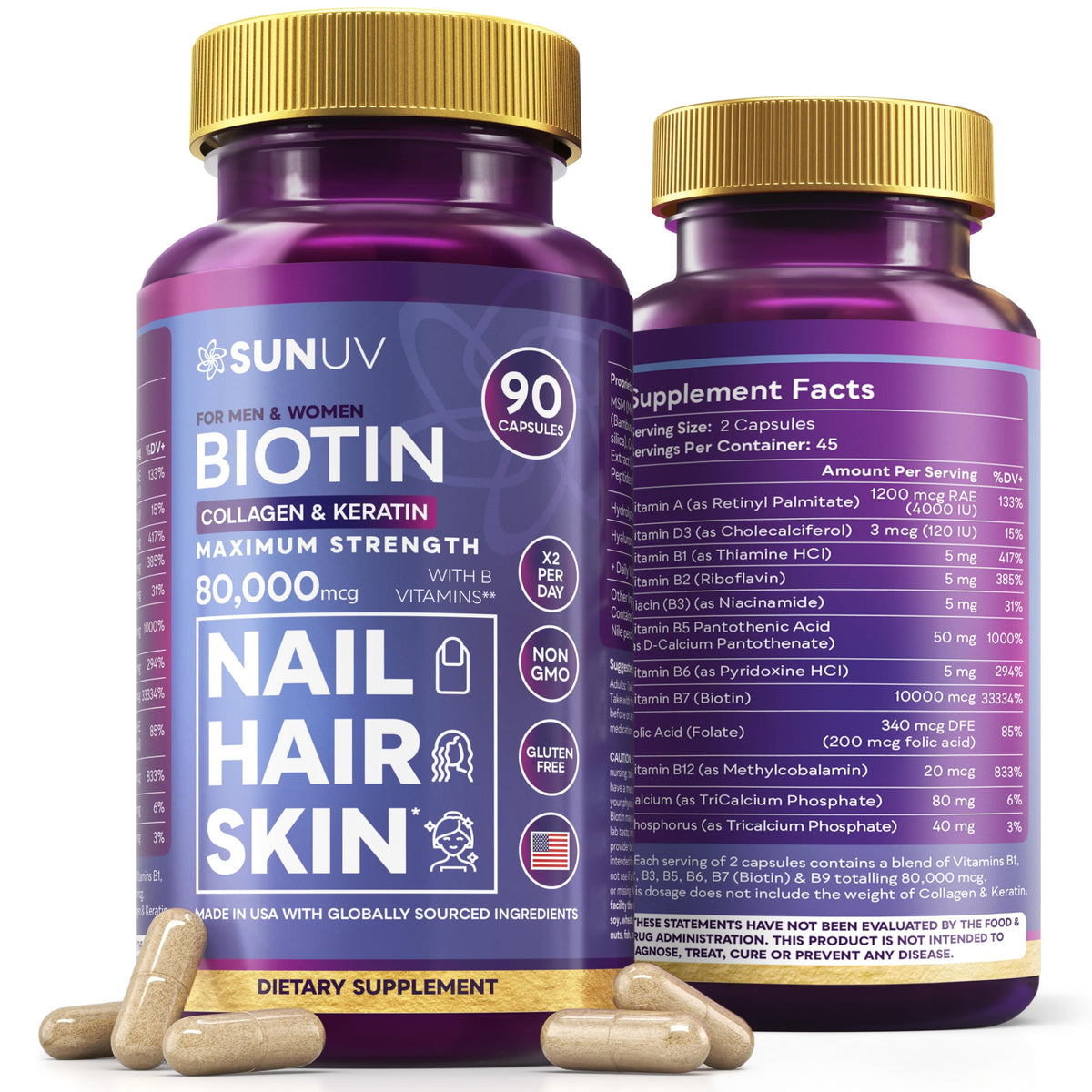 SUNUV Biotin 10000mcg bottle with collagen and keratin capsules (90 count) - hero image