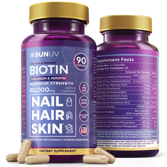 SUNUV Biotin 10000mcg bottle with collagen and keratin capsules (90 count) - hero image