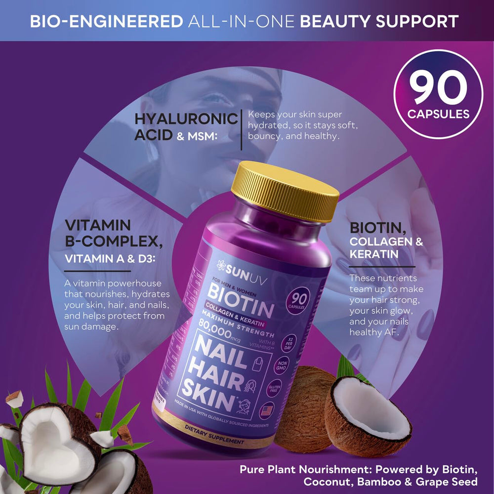 Close-up of SUNUV Biotin bottle label displaying Biotin 10000mcg and B-vitamins