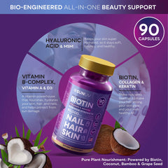 Close-up of SUNUV Biotin bottle label displaying Biotin 10000mcg and B-vitamins
