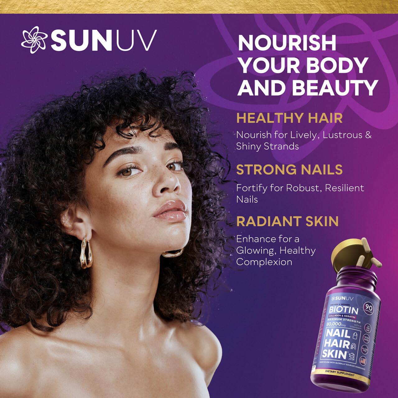 Hyaluronic acid, collagen, and keratin supporting hair, skin, and nails